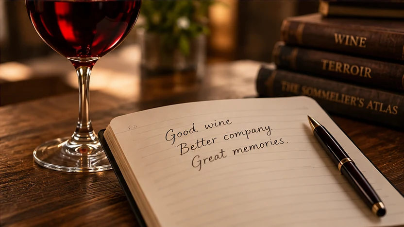 Wine glass beside a notebook and wine reference books