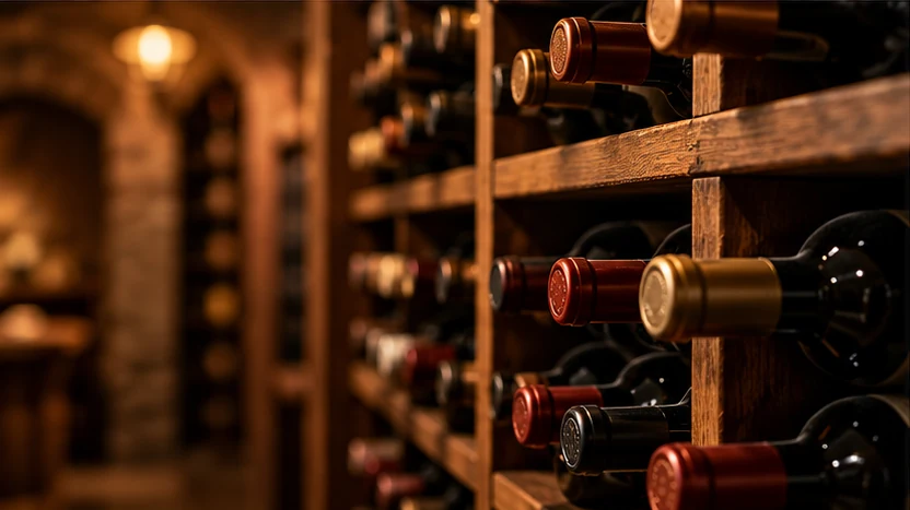 Wine bottles resting in a warm wooden cellar rack