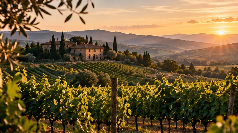 Sunlit vineyard and wine estate at golden hour